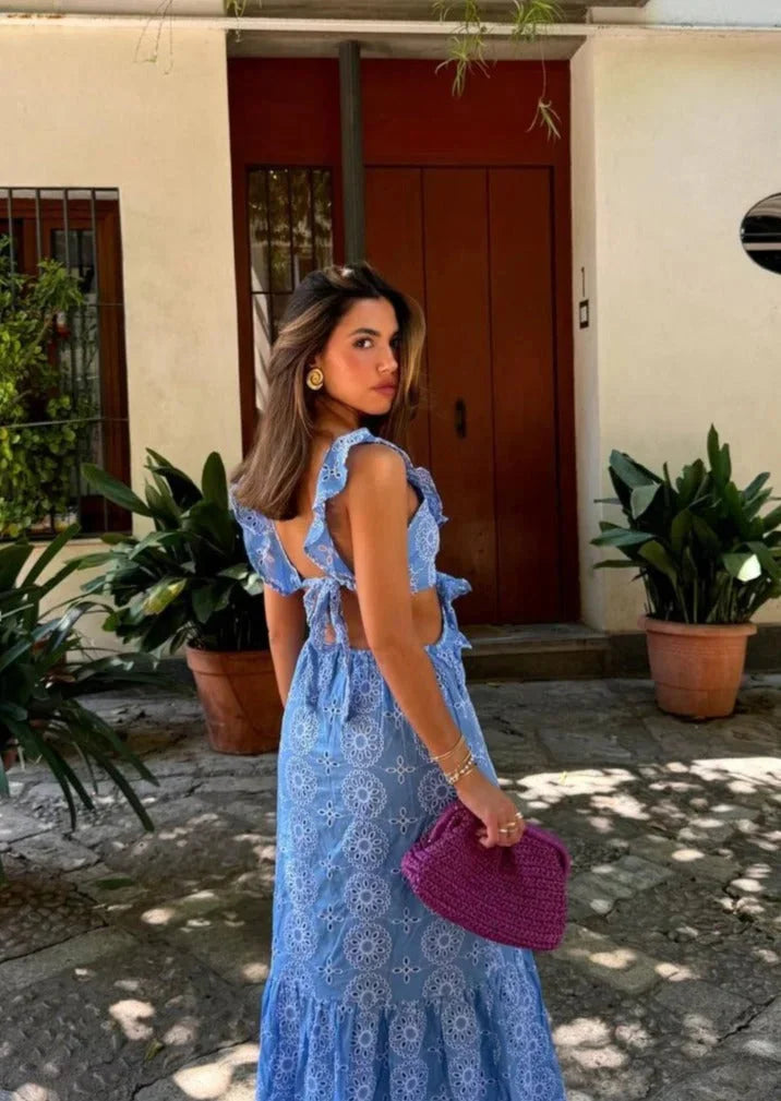 Blue circle patterned ruffle maxi dress for women, featuring a stylish design with a flattering silhouette and soft,…