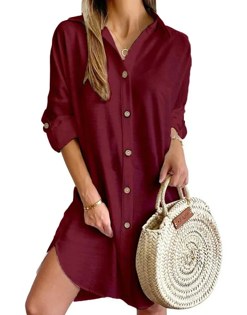 Women's button-up mini shirt dress in lightweight cotton blend with a striped pattern and front pocket detail.