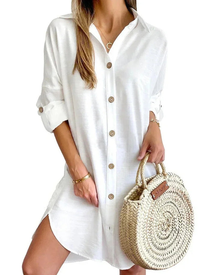 "Women's button-up mini shirt dress in soft cotton fabric with stylish design and pockets, perfect for casual or dressy…