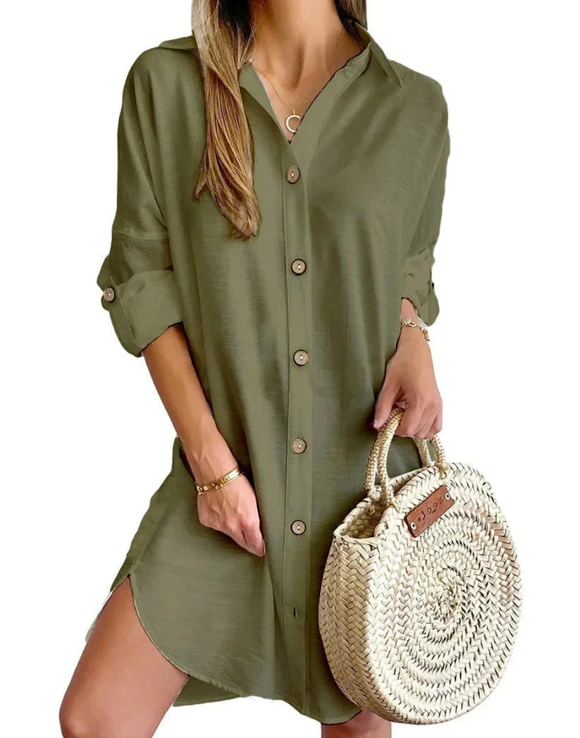 Army green mini dress with button-up front for women. Made from high-quality cotton blend, perfect for casual or dressy…