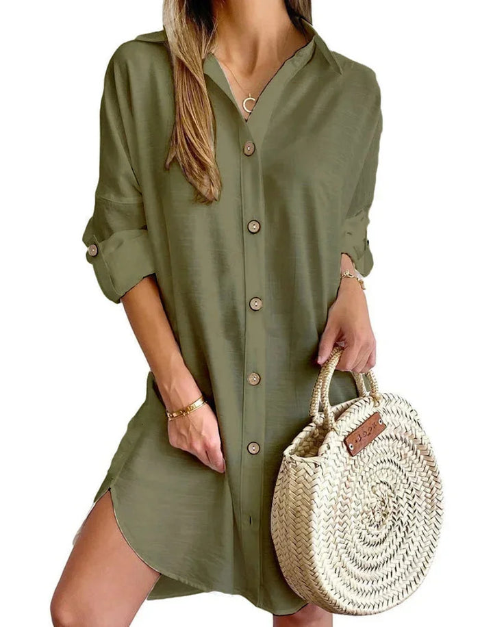 Army green mini dress with button-up front for women. Made from high-quality cotton blend, perfect for casual or dressy…