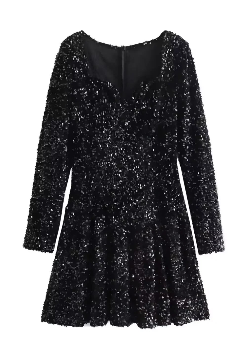 Black mini dress with sequins and puff sleeves, perfect for a night out. Sequin detail adds a touch of shimmer to the outfit.