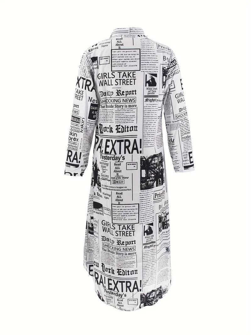 "Black and white newsprint pattern midi dress with button details, perfect for a casual and chic look."