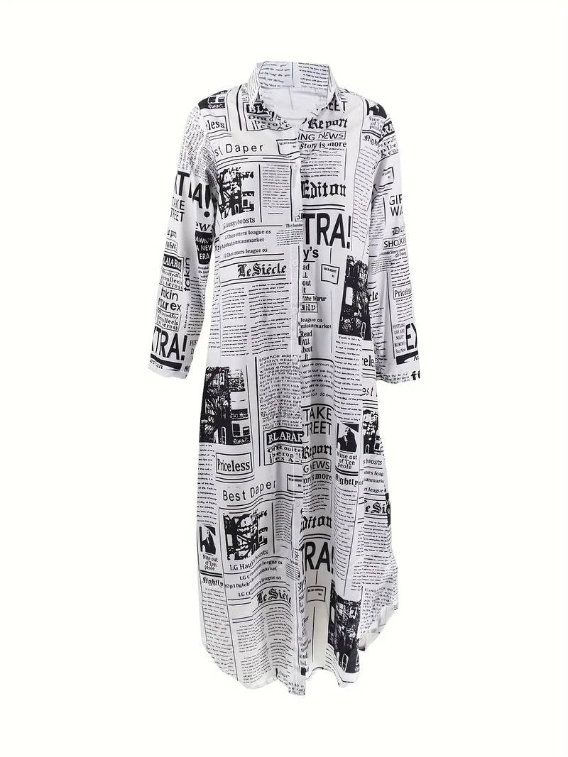 "Beige newsprint pattern midi dress with button details. Made from lightweight cotton blend, perfect for casual outings."