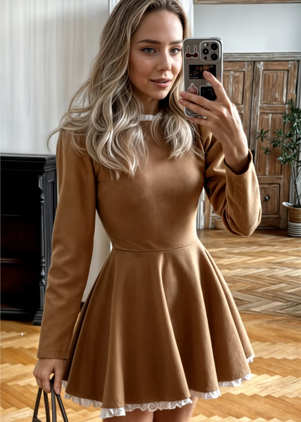 Brown long-sleeve mini dress with lace collar, crafted from soft and stretchy material. Delicate lace detail adds a touch of…