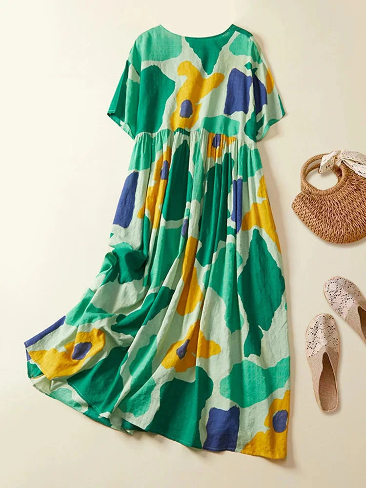 "Margaux maxi dress featuring a flowy abstract print, perfect for a breezy summer day. Soft, comfortable fabric in a relaxed…