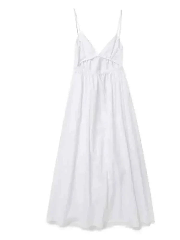 White midi dress with a sleek open-back design, perfect for a sophisticated look.