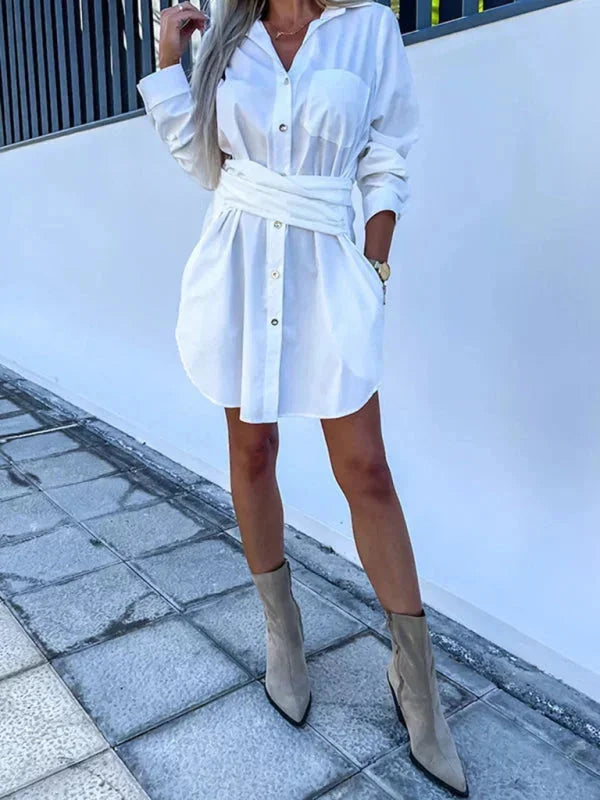 Belted shirt dress in a stylish design with rolled sleeves, perfect for casual or formal attire, made from high-quality…
