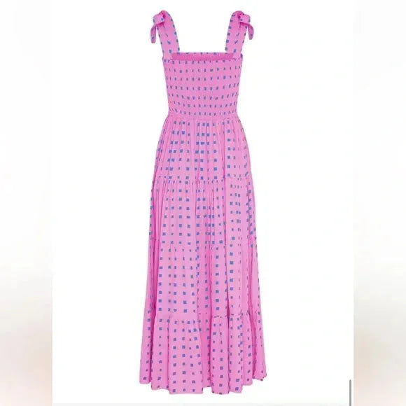 Pink patterned maxi dress with tie straps for women, made with lightweight and breathable fabric, perfect for a stylish and…