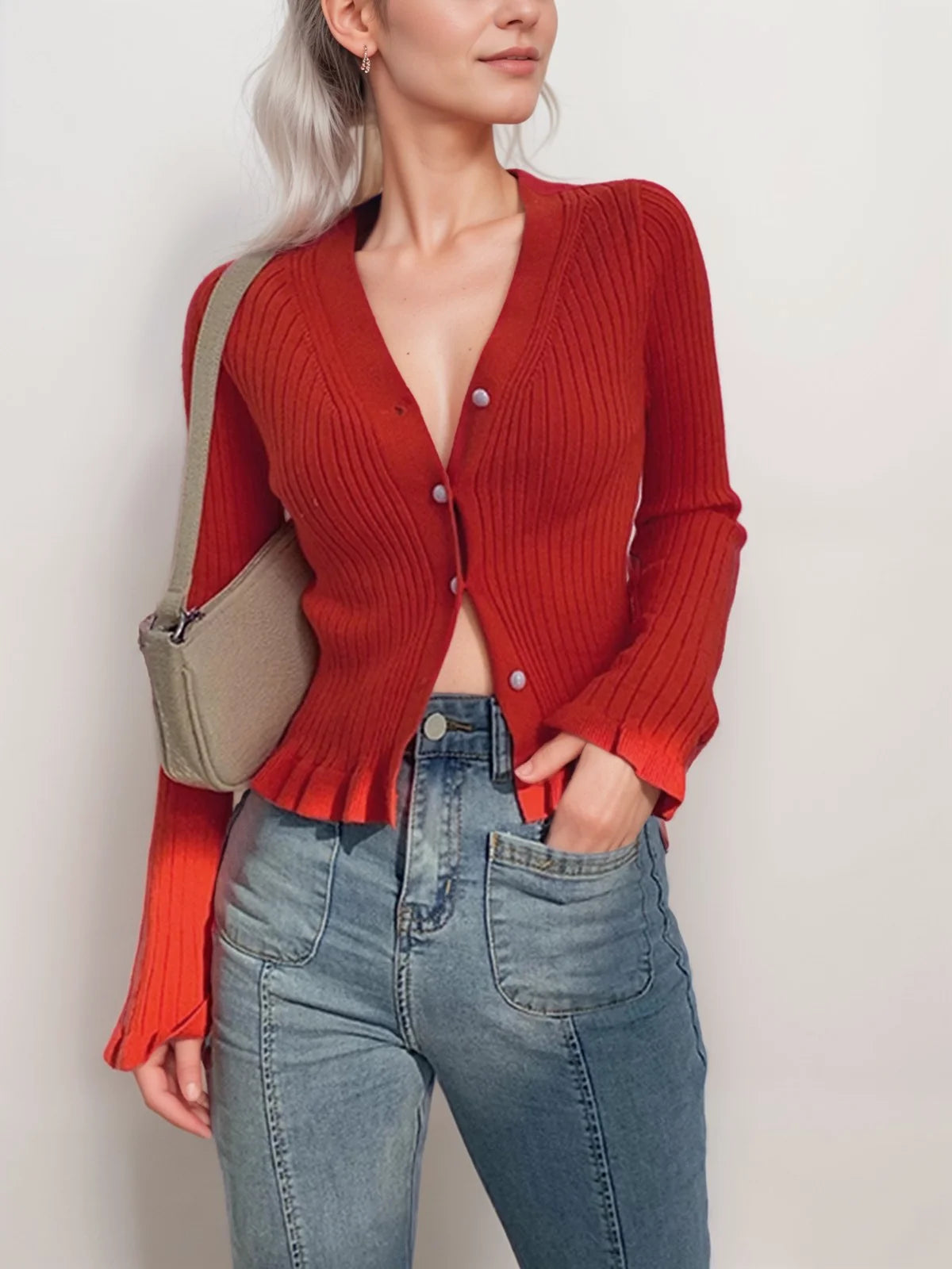 Red ribbed texture top with front buttons, a versatile wardrobe essential for any occasion.