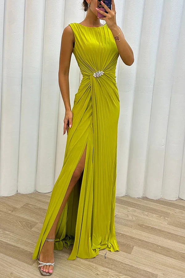 Yellow pleated dress with side-slit and jeweled accent. Elegant and classy for any occasion.