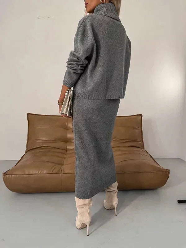 "Grey sweater dress with turtleneck, made of soft knit fabric, perfect for cozy and stylish winter outfits."