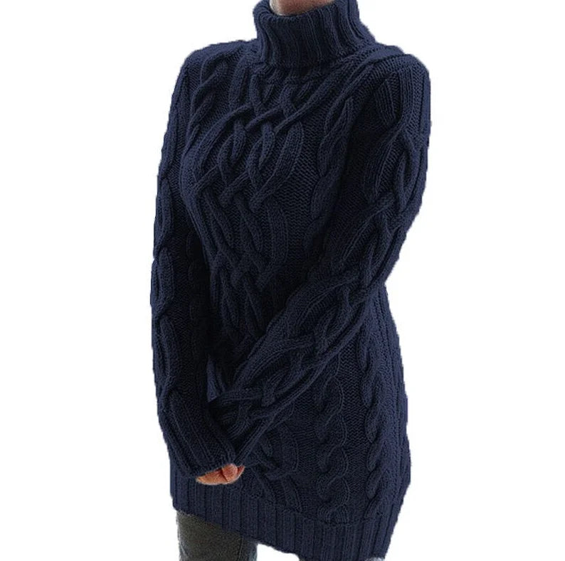 "Dark blue knit dress with slim fit, perfect for cooler weather. Features a sleek design for a stylish and comfortable look."