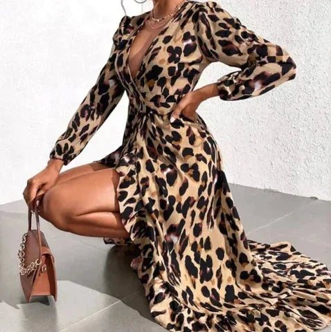 "Women's flowing wrap dress with slit in phoenix design, made with lightweight airy fabric for a stylish look."