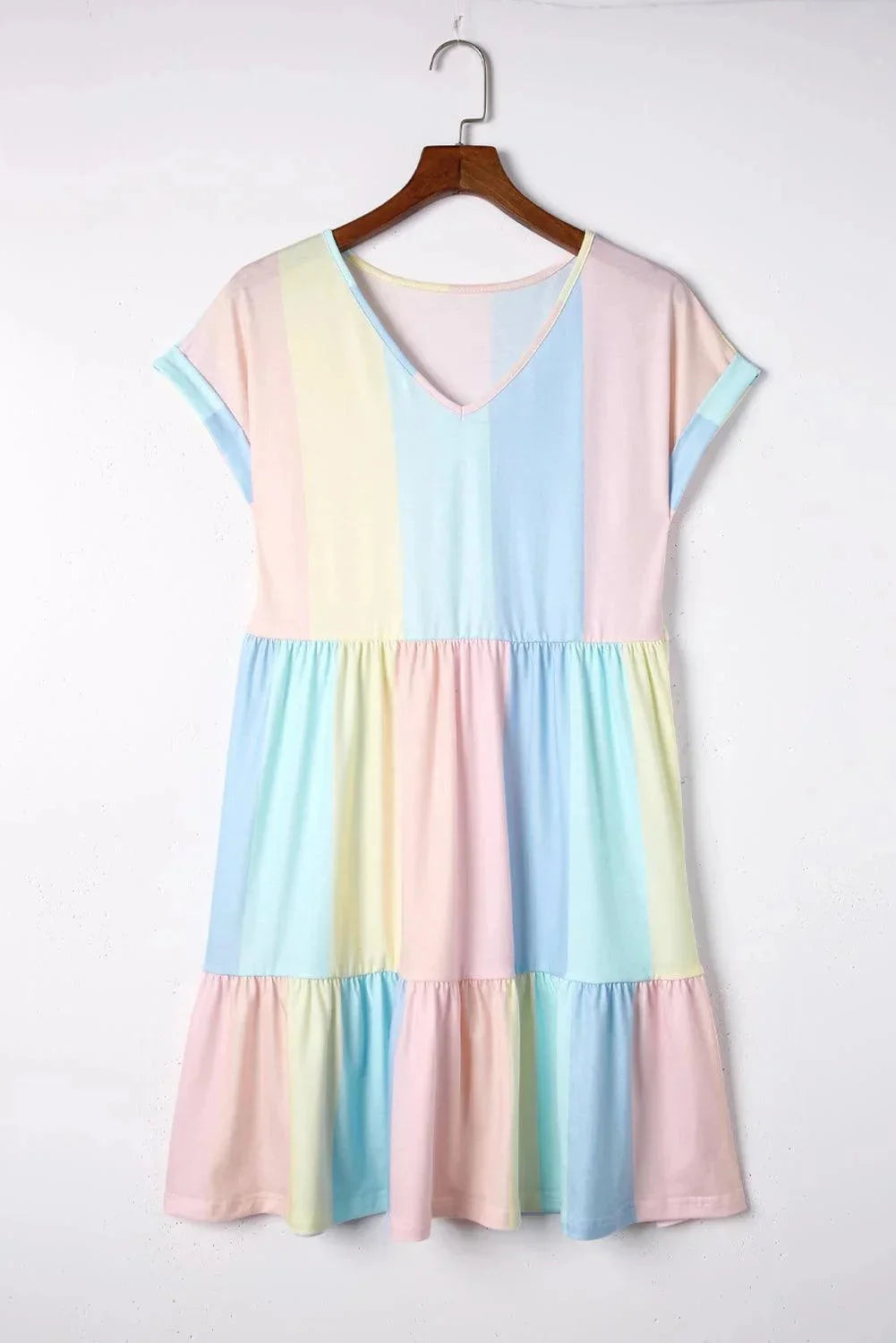 "Women's v-neck colorblock dress with flutter sleeves in a relaxed fit, made from lightweight and breathable fabric."