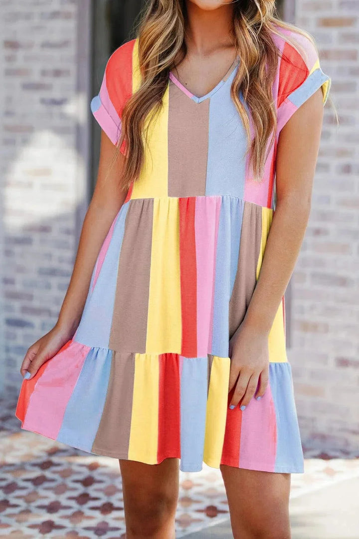"Pilar women's v-neck colorblock dress in Pastel dark with flutter sleeves. Soft and breezy fabric perfect for casual yet…