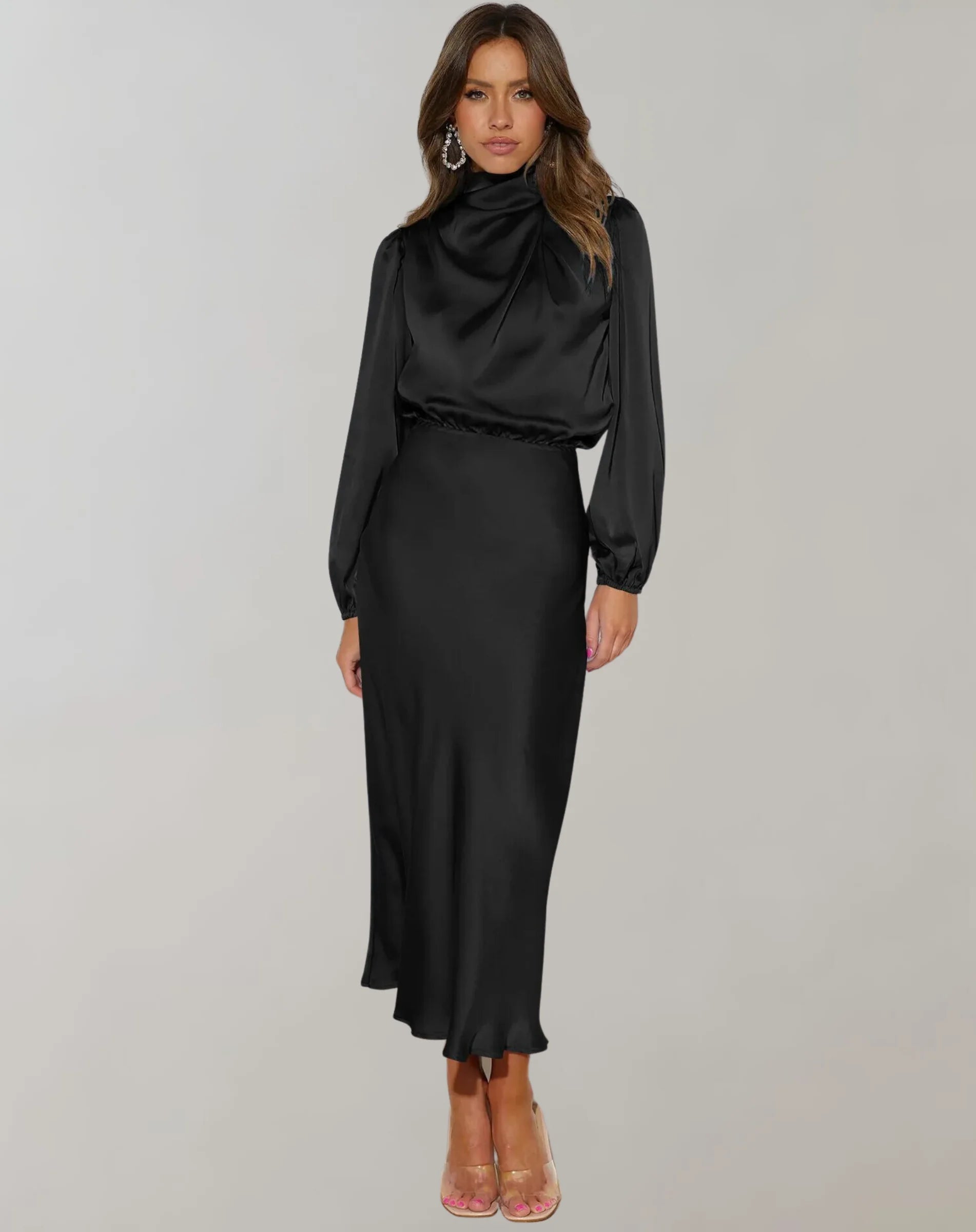 Black satin dress with high neck and elegant design for a sophisticated look.