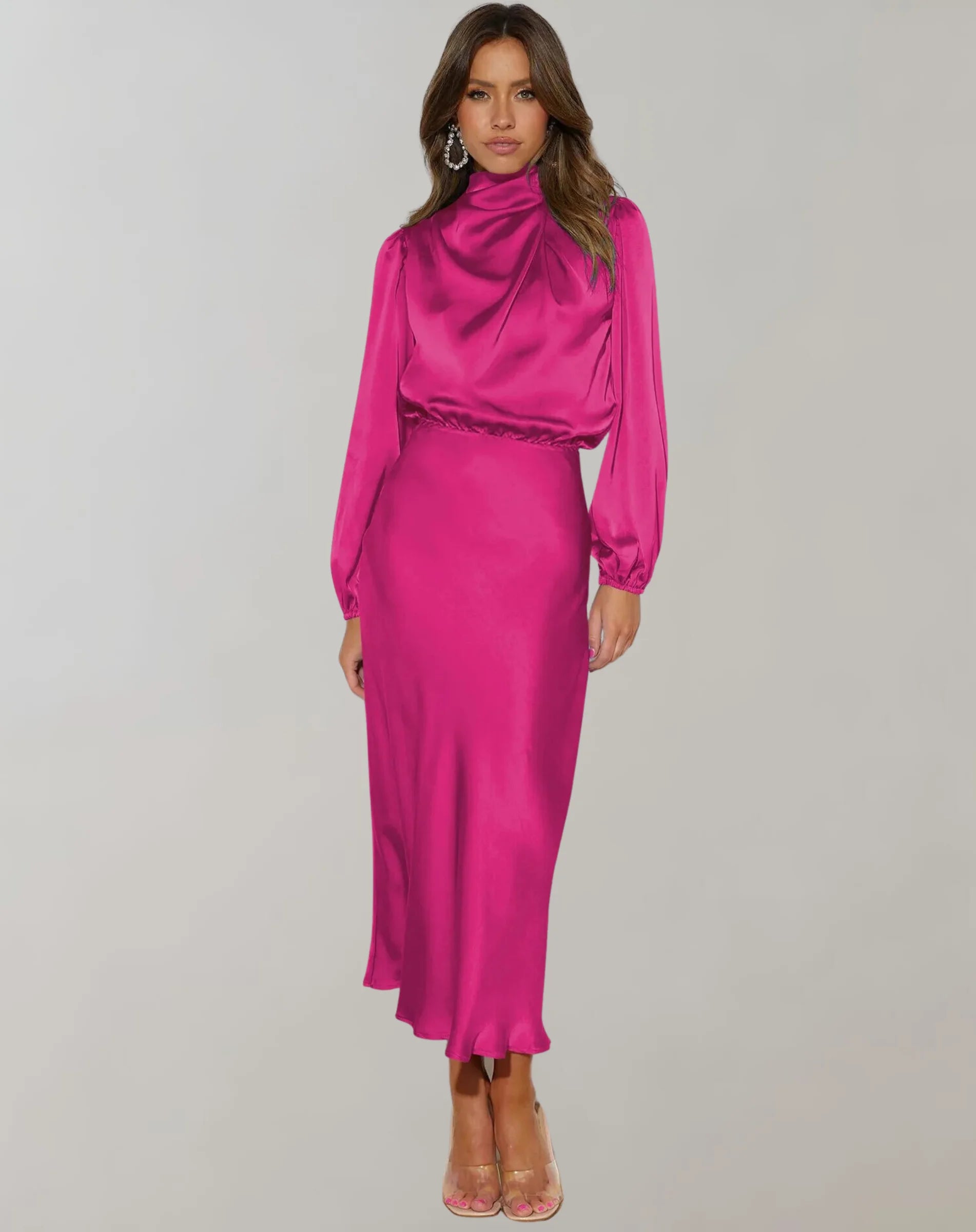 Pink satin dress with high neck, featuring an elegant design. Perfect for formal occasions or evening events.