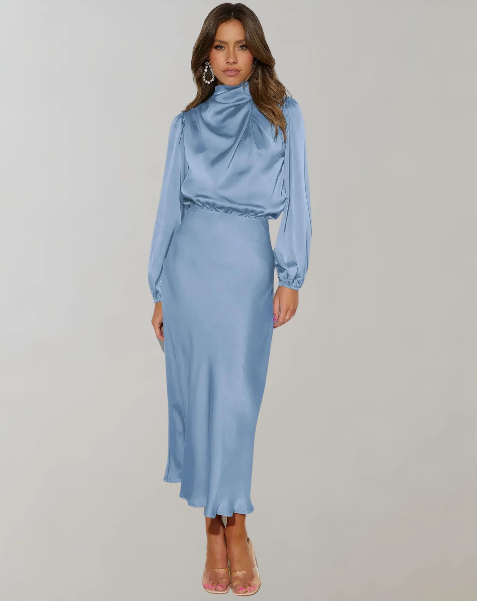 Sky blue satin dress with high neck, elegant and stylish.