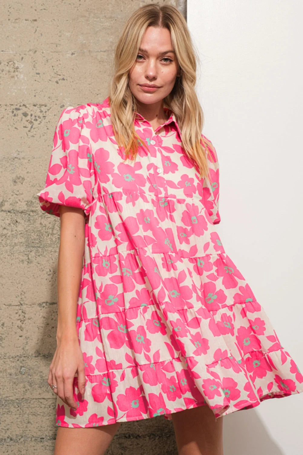 "Railynn pink tiered shirt dress with floral print, made of lightweight cotton blend fabric, perfect for casual days or…