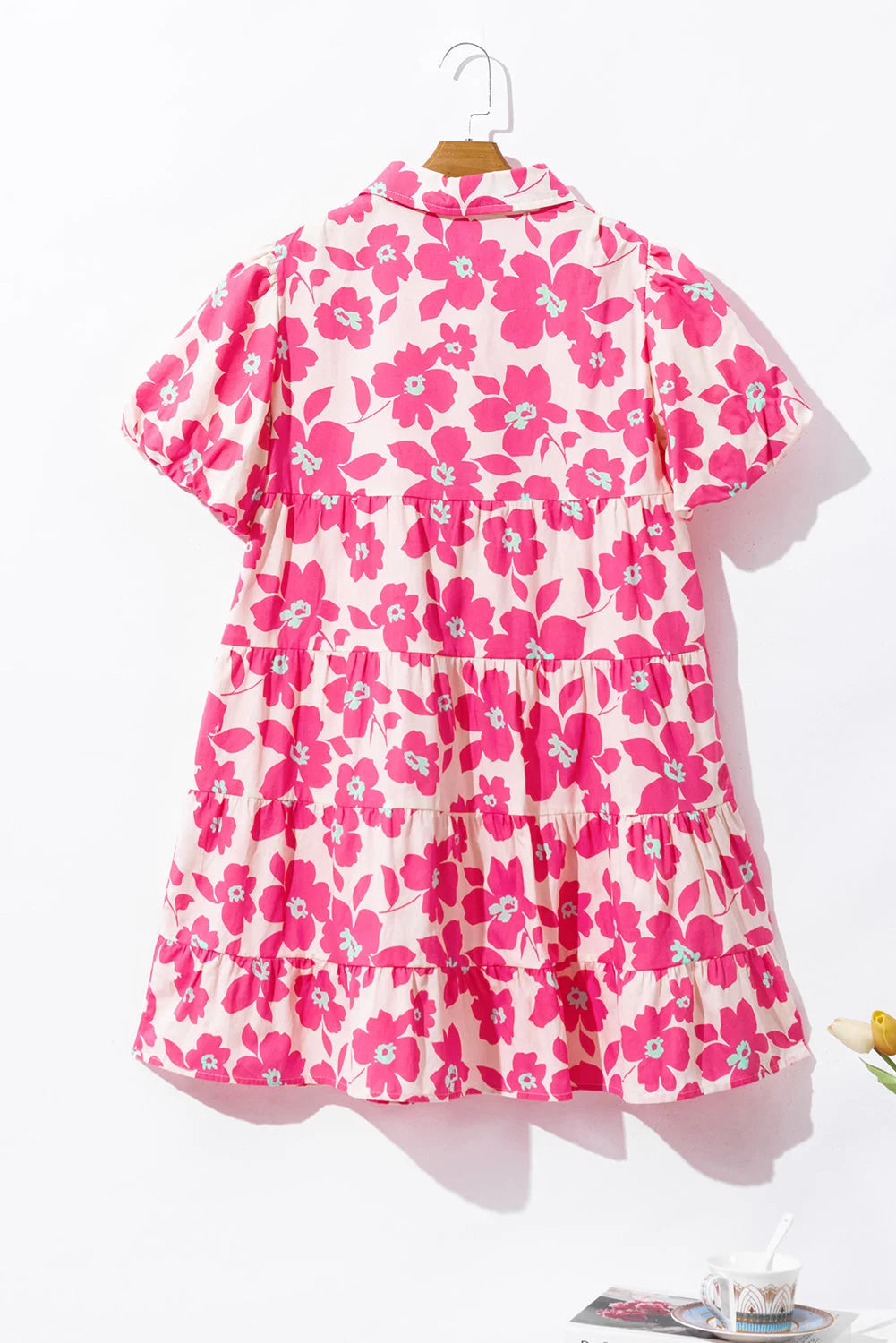 Pink tiered shirt dress with floral print on Railynn, made from lightweight chiffon for effortless summer style.