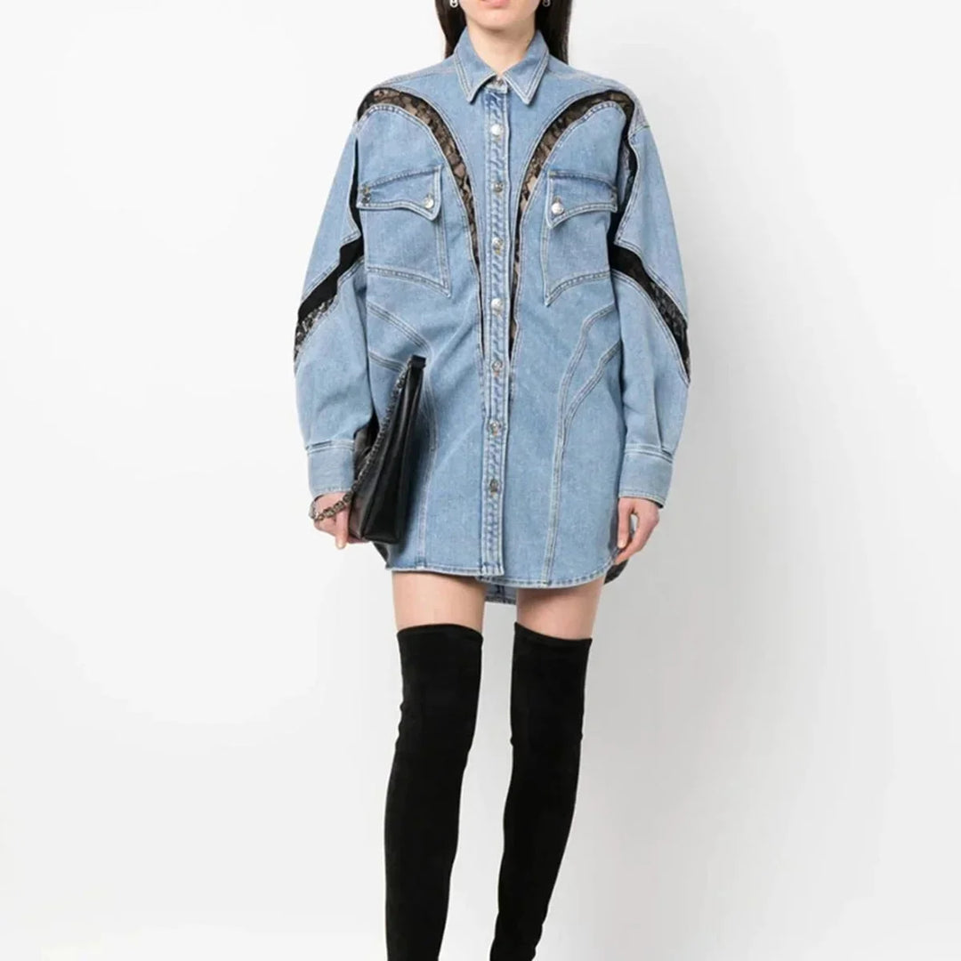 Blue oversized denim dress with zippers, Women's relaxed fit, perfect for casual occasions, made of sturdy denim fabric.