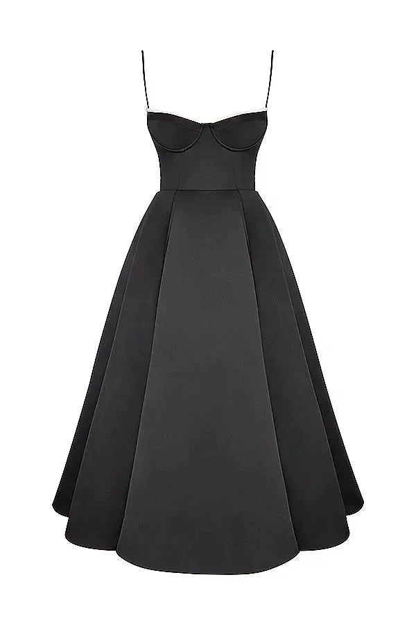 Rayne black satin dress with cream tulle hem, offering a elegant contrast in a sleek silhouette.