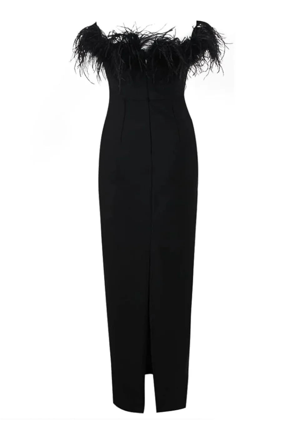 "Black strapless maxi dress for women with feather detailing, elegant and sleek design, perfect for formal occasions."