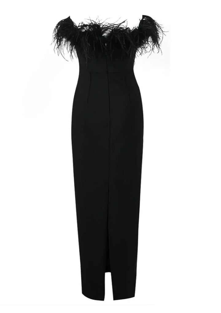 "Black strapless maxi dress for women with feather detailing, elegant and sleek design, perfect for formal occasions."