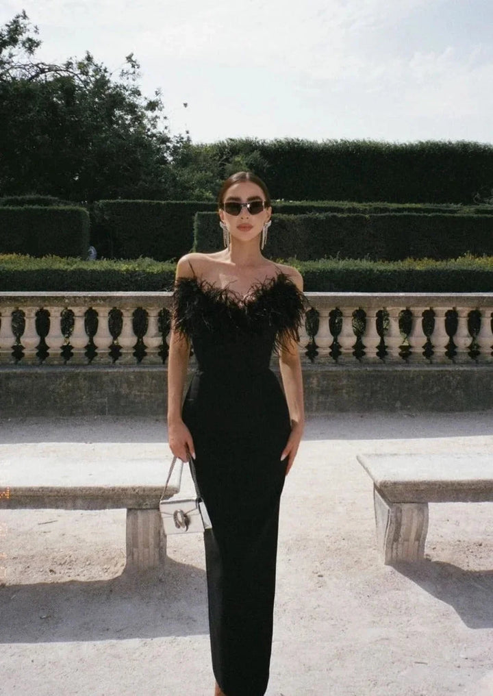 Black strapless maxi dress featuring feather details, perfect for rebellious fashionistas.