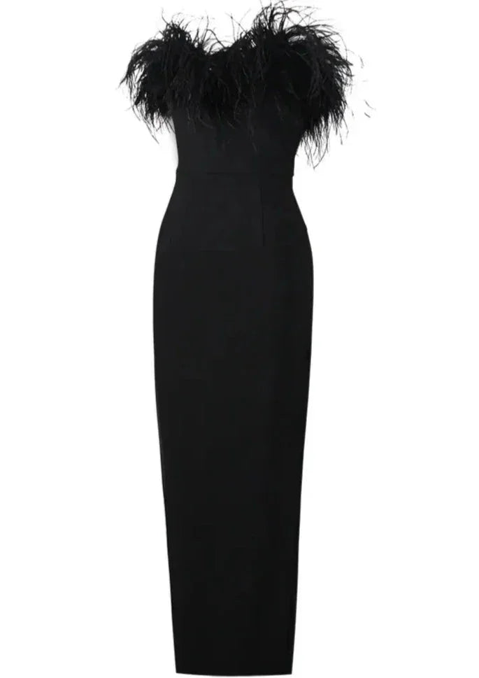 Strapless feather-detailed maxi dress, black, sleek design, perfect for rebels.