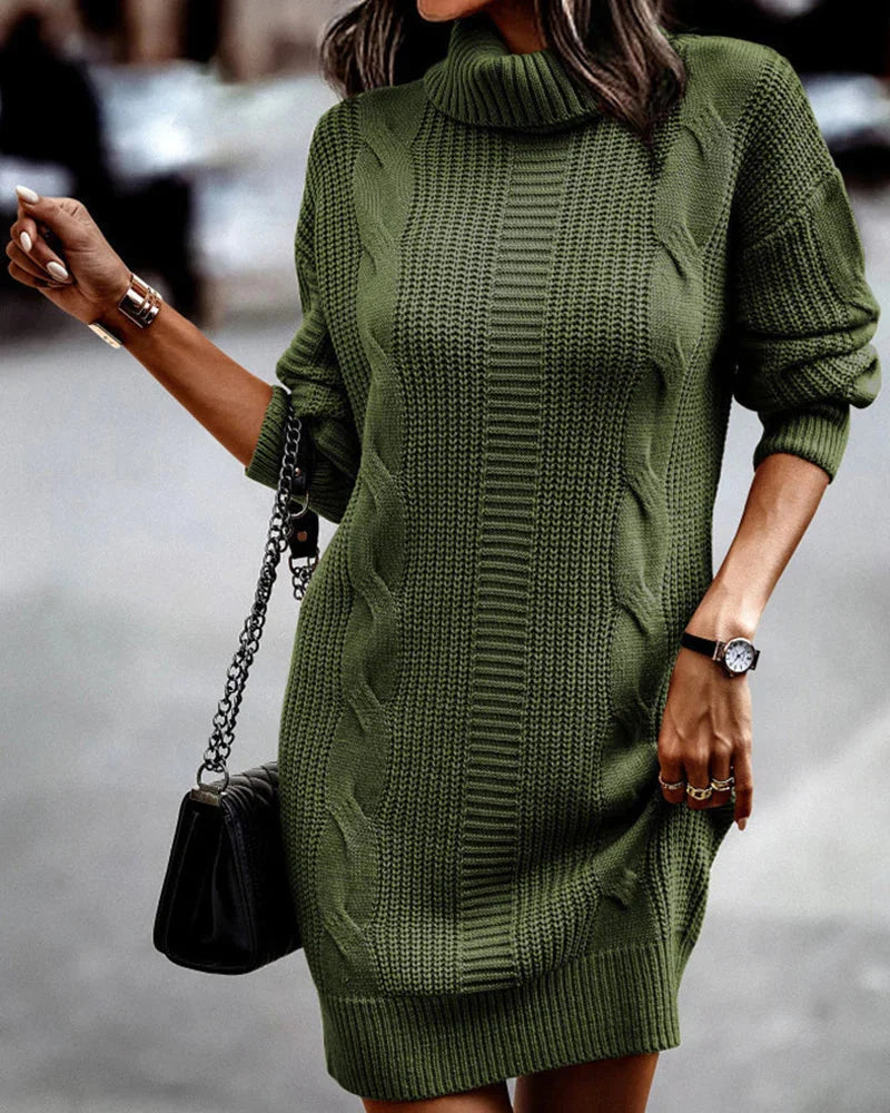 "Army green turtleneck knit dress, ribbed texture with a flattering fit, perfect for a chic and cozy look."