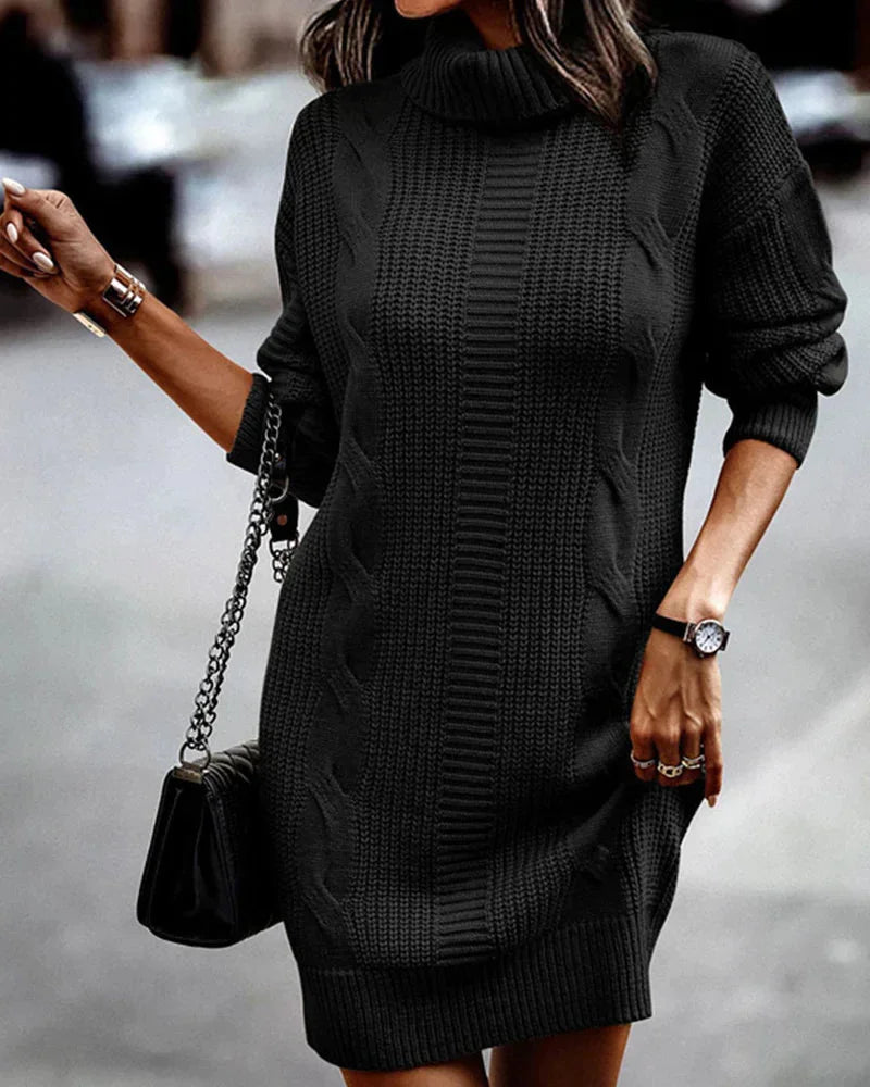 "Black knit turtleneck dress showcasing chic design, perfect for a cozy yet stylish look."