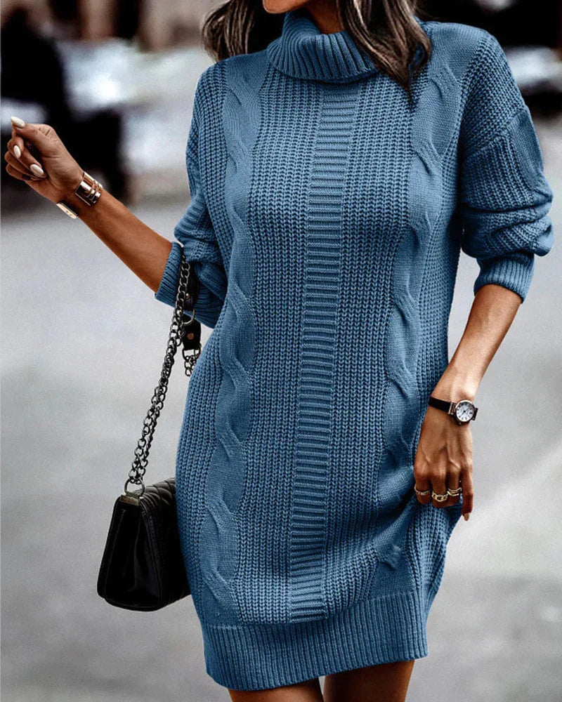 Blue turtleneck knit dress - ribbed texture, midi length, long sleeves.