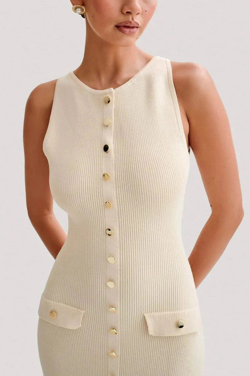 "Sleek sleeveless dress in navy blue with front buttons and a belted waist, perfect for a casual chic look."
