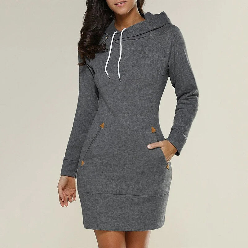 "Dark gray women's hoodie dress with cozy pockets, made from soft and comfy material perfect for casual and cozy wear."