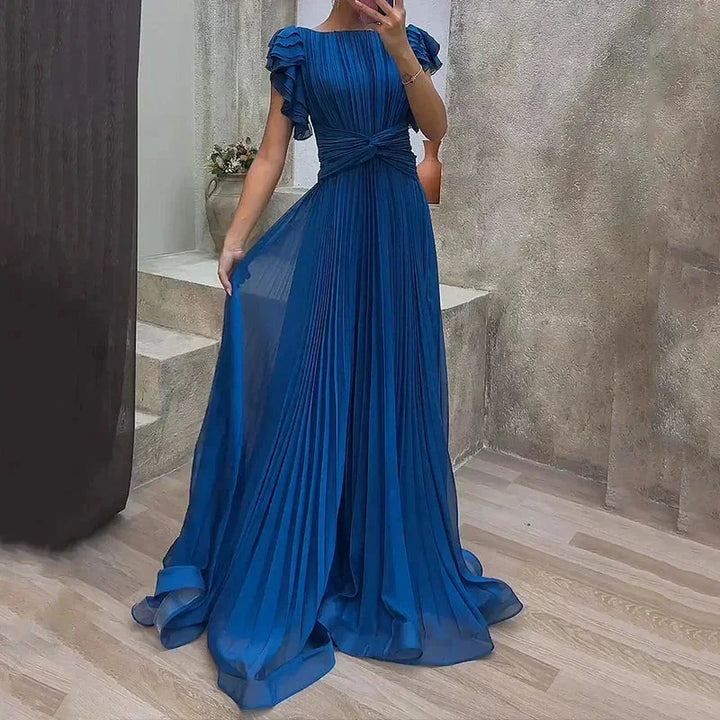 "Blue women's maxi dress with pleats and ruffled sleeves, made of lightweight flowy fabric for a stylish and elegant look."