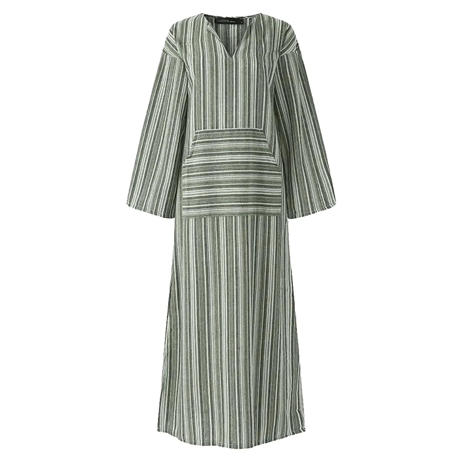 Striped long-sleeve maxi dress in royal blue and white, made of lightweight cotton blend fabric for casual chic style.