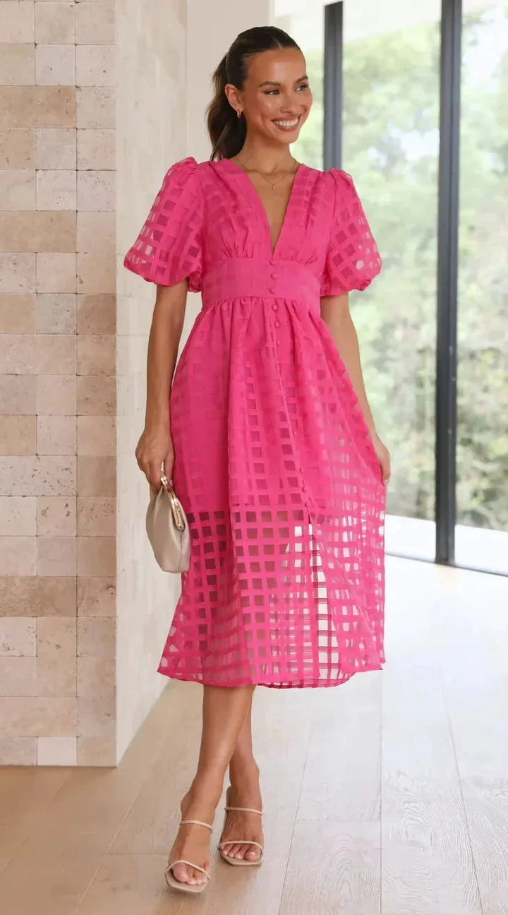 "Rylen puff-sleeve midi dress for women, textured fabric with stylish puff sleeves in a midi length design"