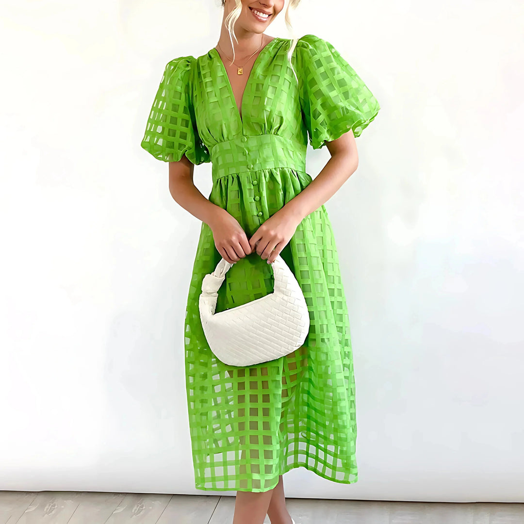 "Green Rylen women's midi dress with puff sleeves and textured fabric, elegant and trendy"
