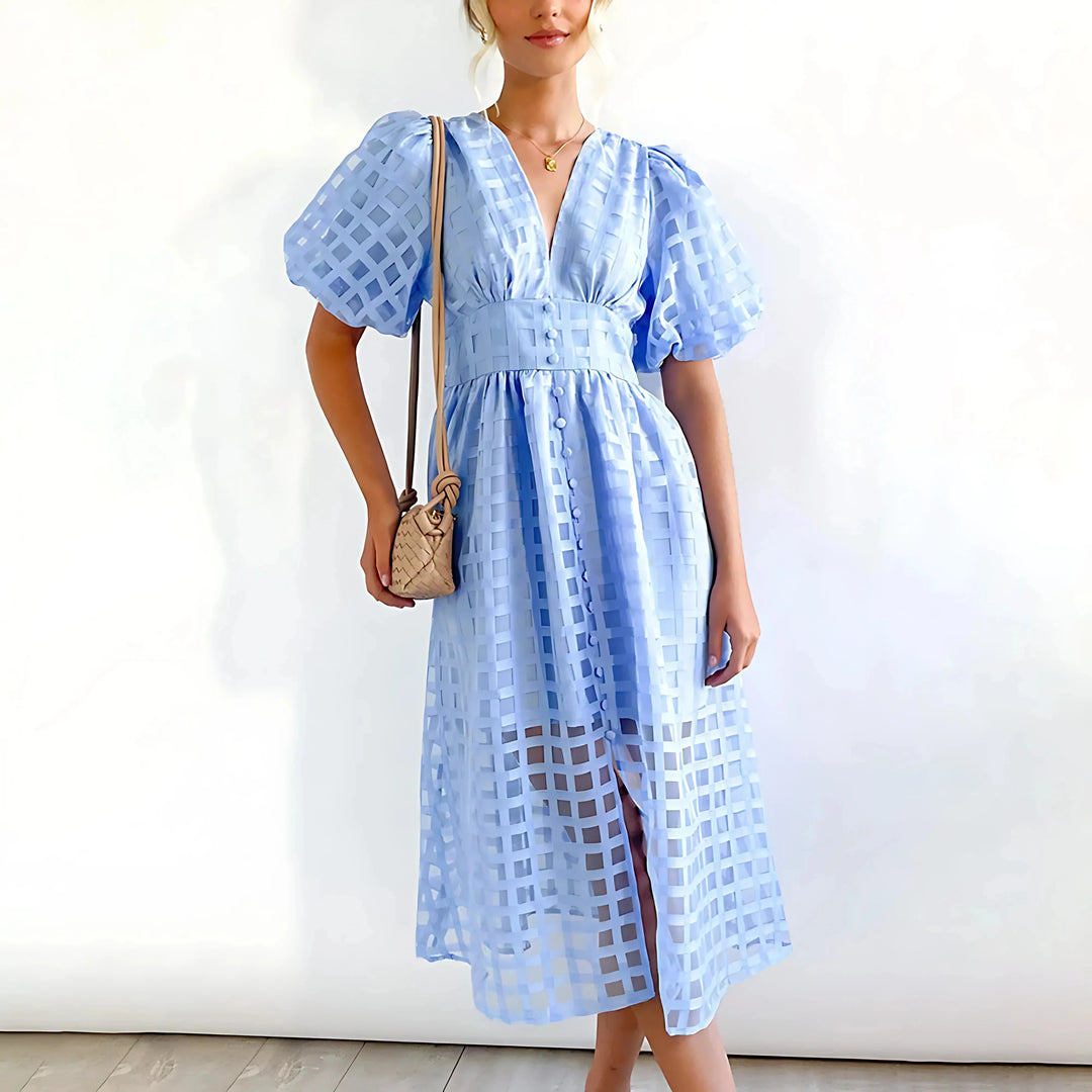 Light Blue midi dress with textured puff sleeves for women, adding a touch of elegance and style to your outfit.