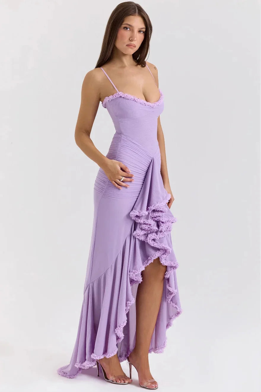 "Sakura Women's ruffled asymmetrical midi dress in light pink with floral prints and off-shoulder design, made of soft…