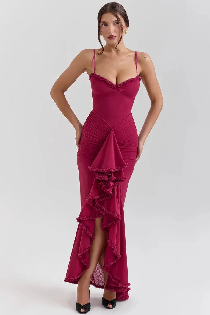Burgundy ruffled asymmetrical midi dress with Sakura pattern for women. Made of soft, flowing fabric, perfect for casual or…