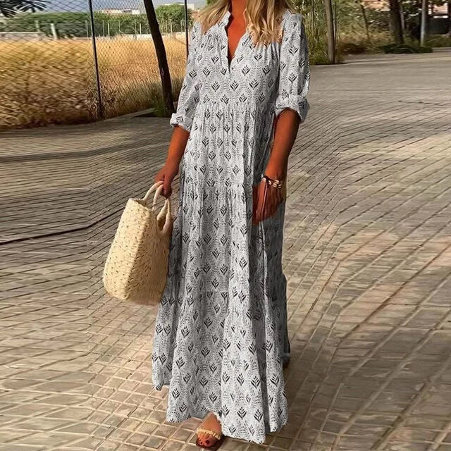 "Flowy v-neck summer dress in Grey, soft and breathable fabric, perfect for casual outings or beach days."