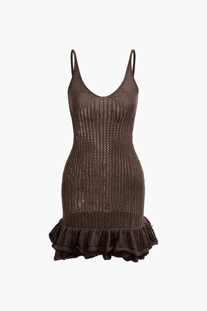Coffee textured dress with ruffled hem for women crafted in airy, relaxed fit fabric - perfect for casual occasions or…