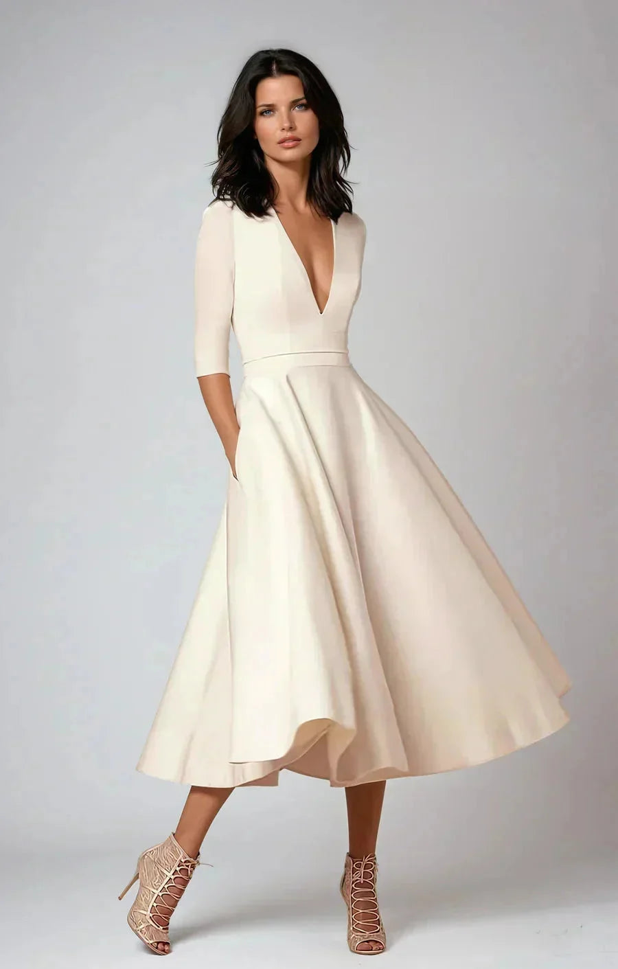 "Sayori Women's deep v-neck flared midi dress in soft organic cotton with beautiful floral print design."