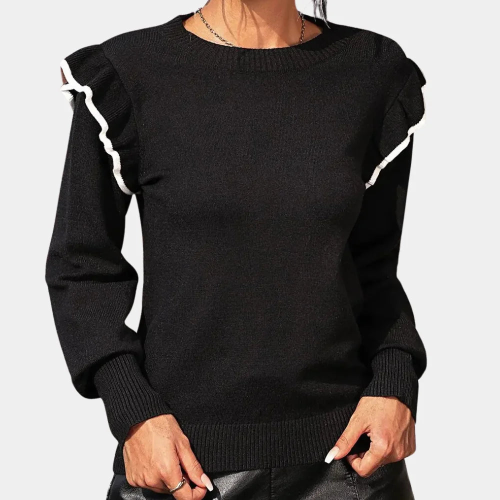 Black ruffle sweater with a contemporary feminine design, made from soft and comfortable material.