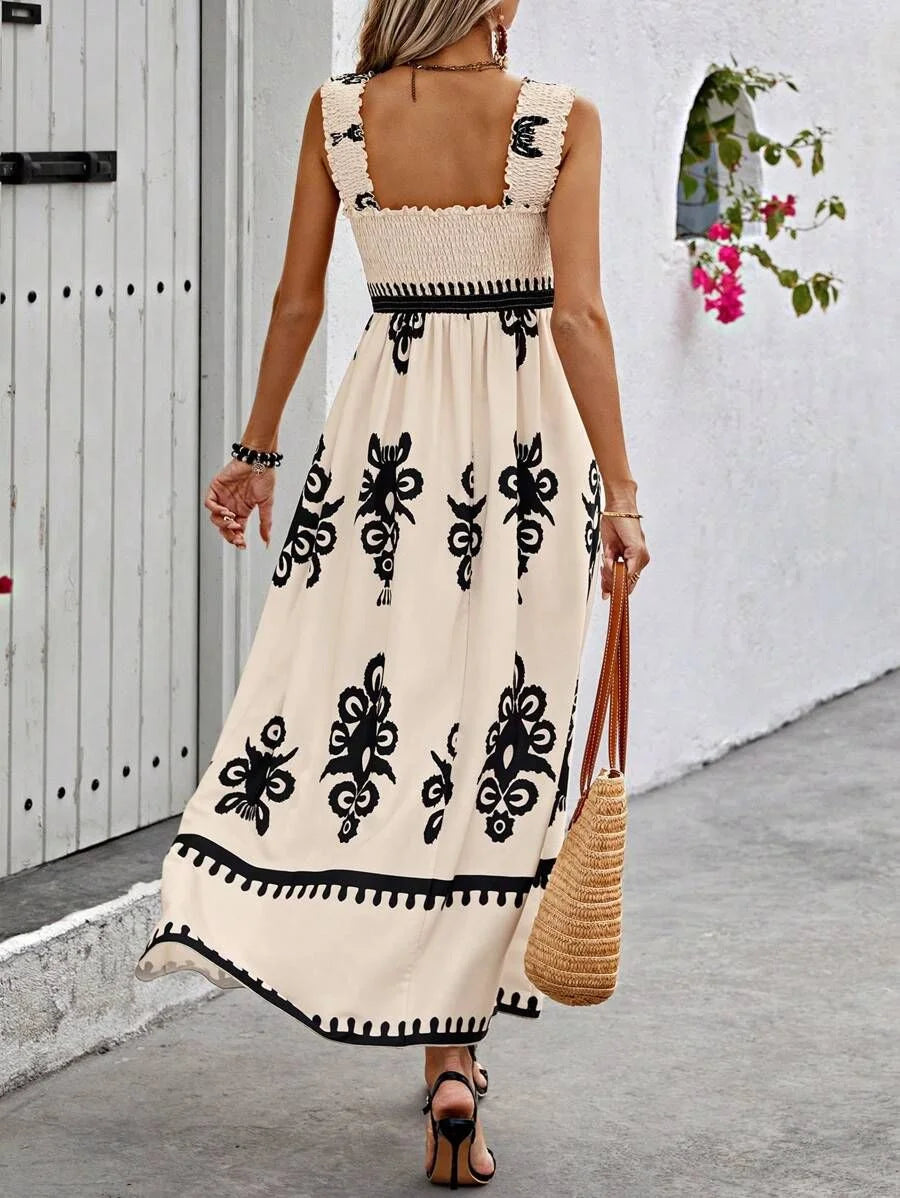 "Sianna strapless maxi dress with bohemian-inspired design in airy, flowy fabric perfect for beach outings."