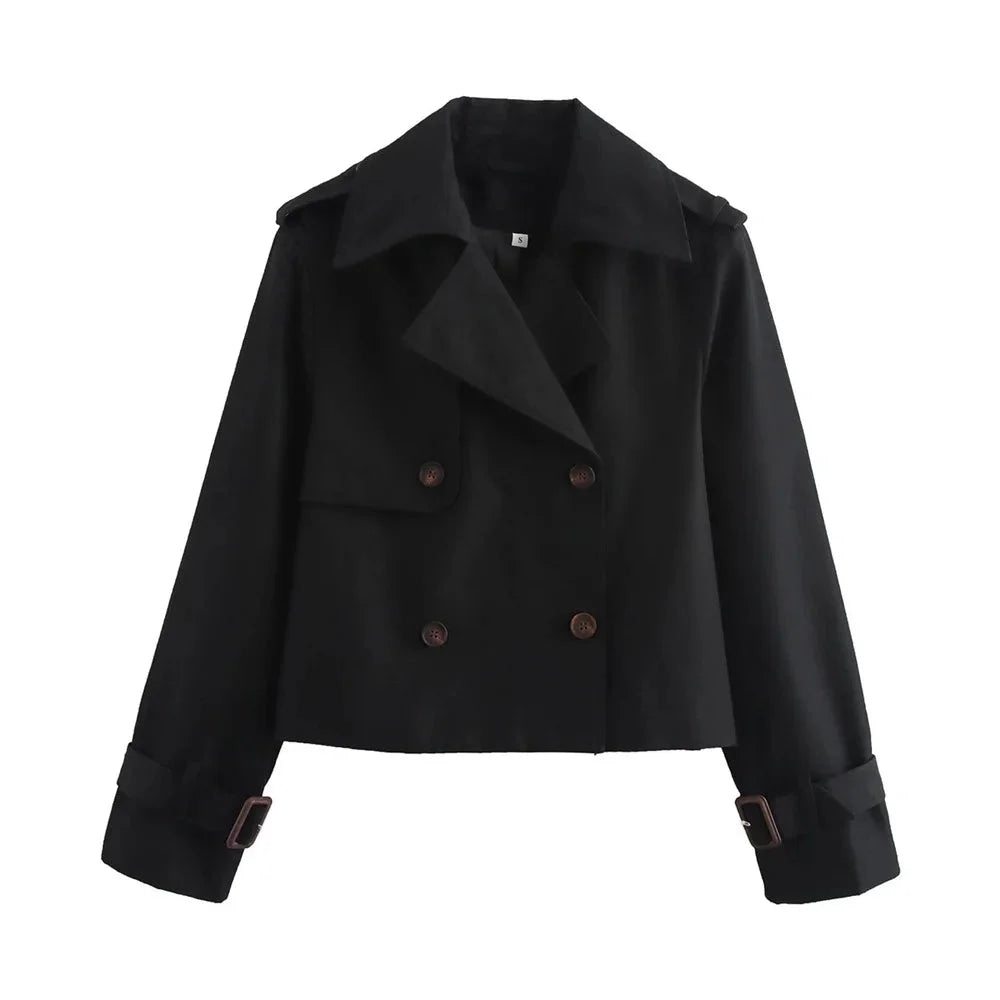 Black double-breasted cropped jacket by Siara, perfect for any season. Features a modern design with unique button details.