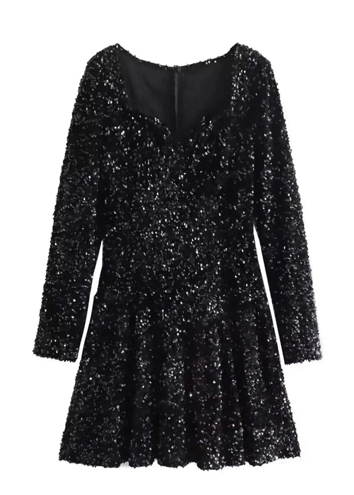 "Black sequined dress for women with elegant flared sleeves, perfect for a glamorous night out"